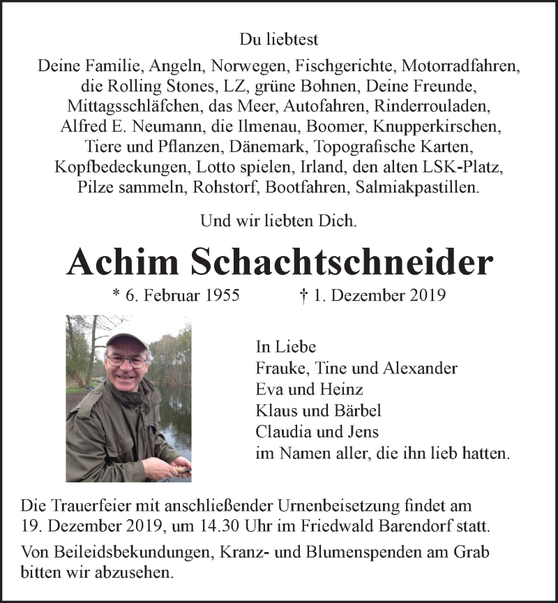  Traueranzeige für Achim Schachtschneider vom 14.12.2019 aus LZ