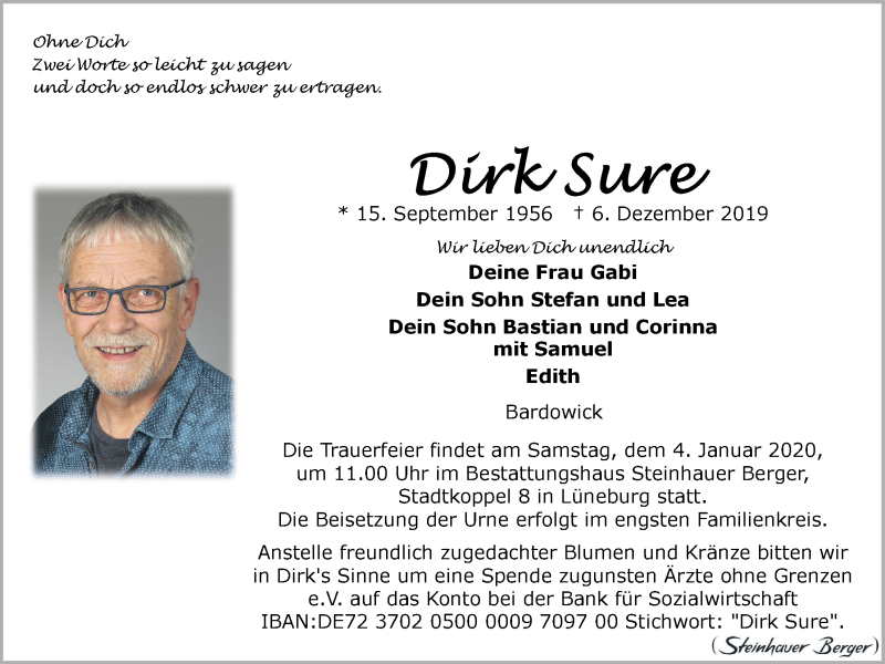  Traueranzeige für Dirk Sure vom 14.12.2019 aus LZ