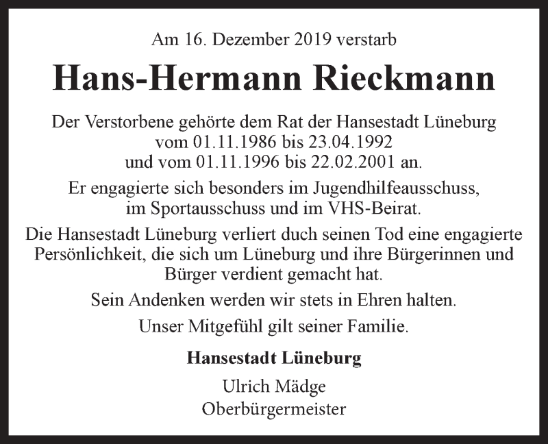 Traueranzeige für Hans-Hermann Rieckmann vom 27.12.2019 aus LZ