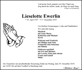 Anzeige von Lieselotte Ewerlin von LZ