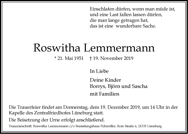  Traueranzeige für Roswitha Lemmermann vom 14.12.2019 aus LZ