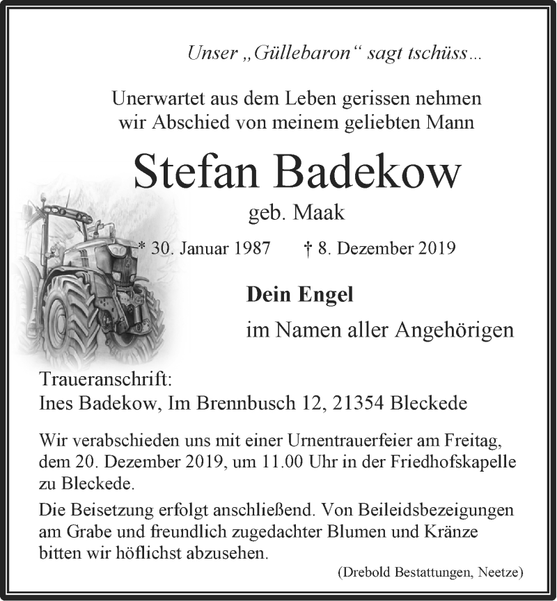  Traueranzeige für Stefan Badekow vom 14.12.2019 aus LZ