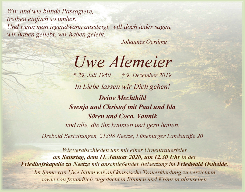  Traueranzeige für Uwe Alemeier vom 21.12.2019 aus LZ