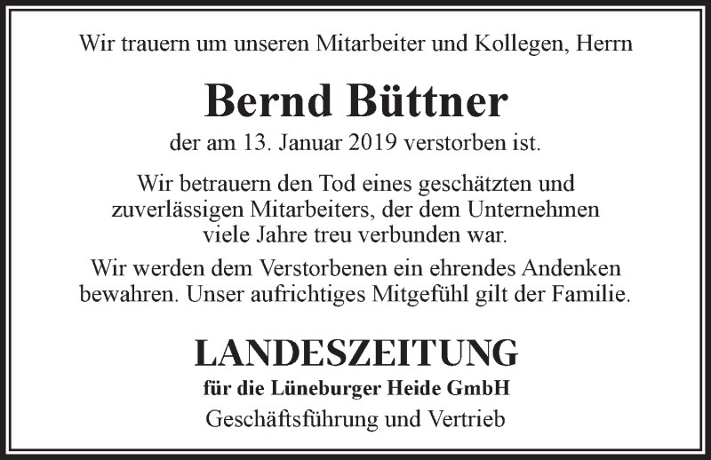  Traueranzeige für Bernd Büttner vom 09.02.2019 aus LZ