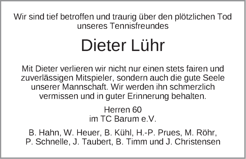  Traueranzeige für Dieter Lühr vom 12.02.2019 aus LZ