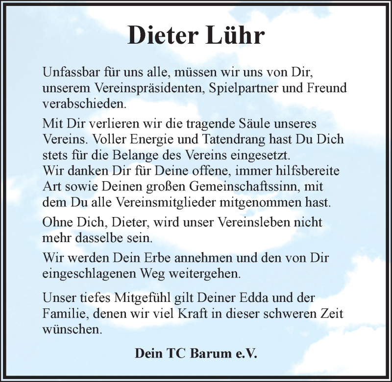  Traueranzeige für Dieter Lühr vom 13.02.2019 aus LZ