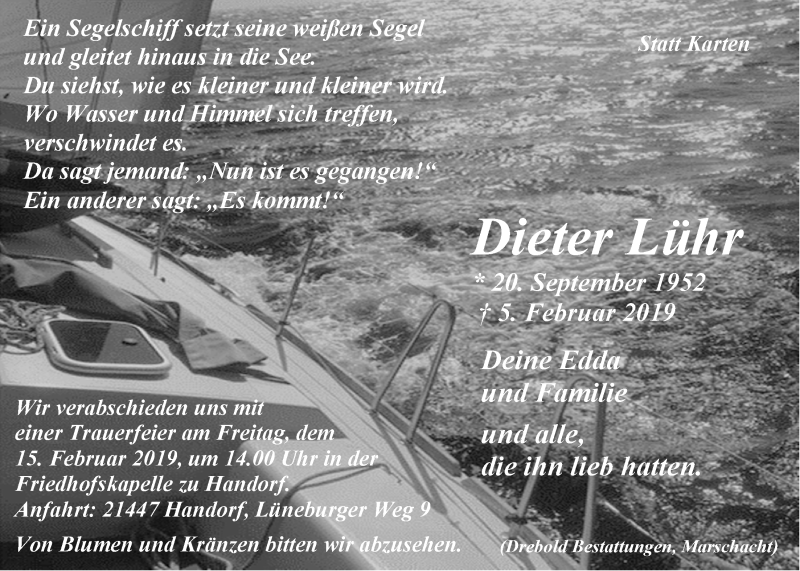  Traueranzeige für Dieter Lühr vom 12.02.2019 aus LZ