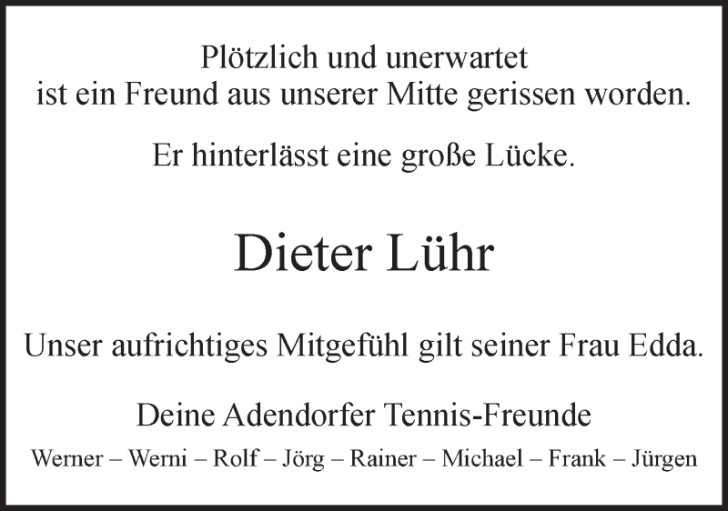  Traueranzeige für Dieter Lühr vom 13.02.2019 aus LZ