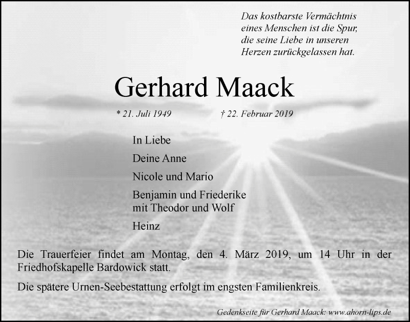  Traueranzeige für Gerhard Maack vom 25.02.2019 aus LZ
