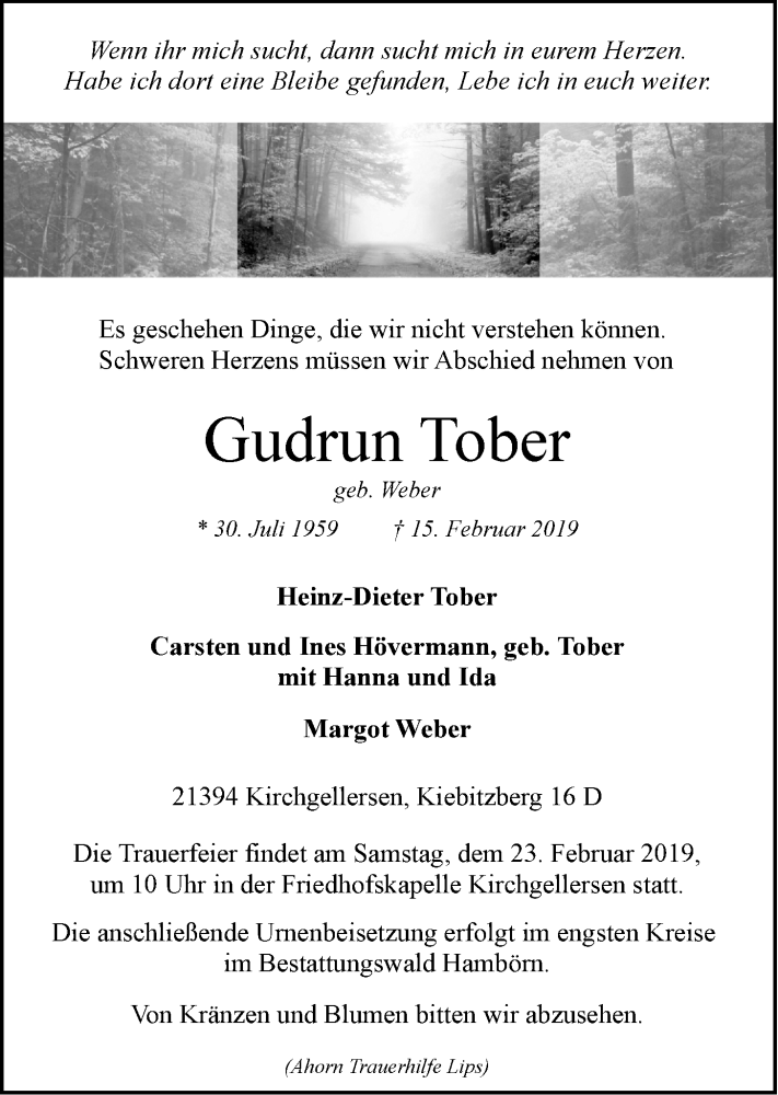  Traueranzeige für Gudrun Tober vom 20.02.2019 aus LZ