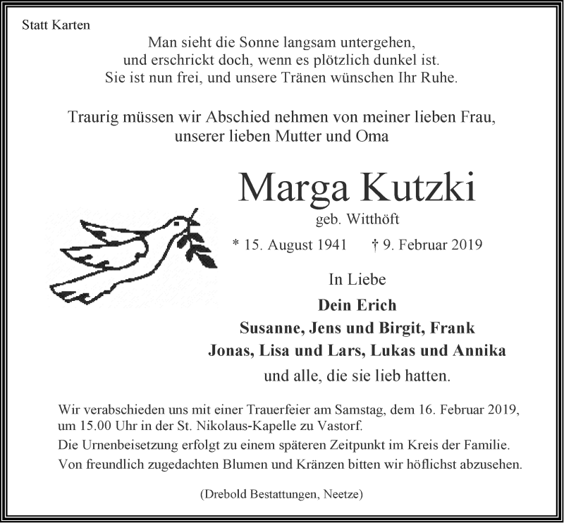  Traueranzeige für Marga Kutzki vom 12.02.2019 aus LZ