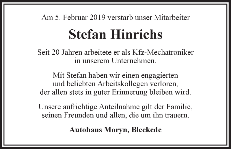  Traueranzeige für Stefan Hinrichs vom 09.02.2019 aus LZ