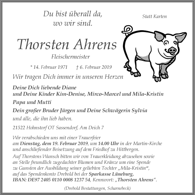  Traueranzeige für Thorsten Ahrens vom 13.02.2019 aus LZ