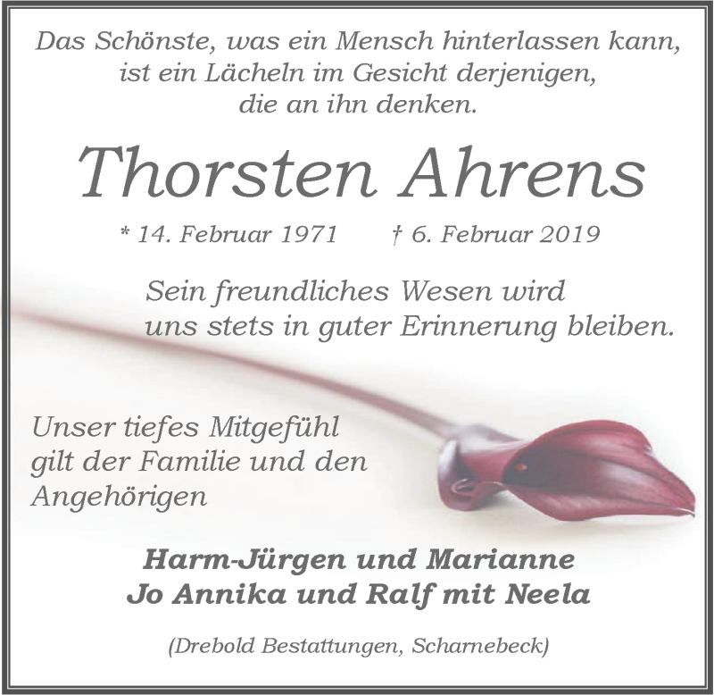  Traueranzeige für Thorsten Ahrens vom 13.02.2019 aus LZ