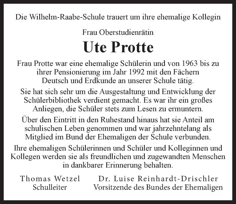  Traueranzeige für Ute Protte vom 23.02.2019 aus LZ