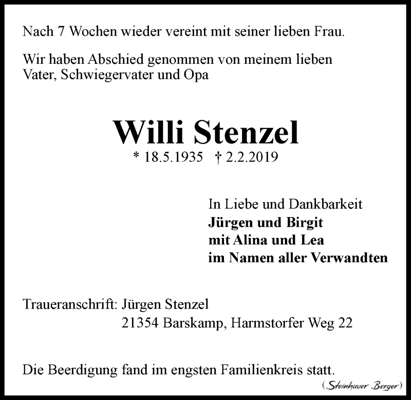  Traueranzeige für Willi Stenzel vom 16.02.2019 aus LZ