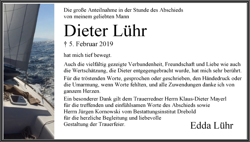  Traueranzeige für Dieter Lühr vom 30.03.2019 aus LZ