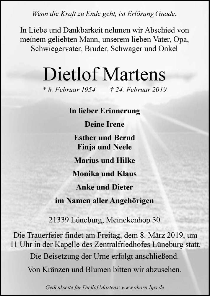  Traueranzeige für Dietlof Martens vom 02.03.2019 aus LZ