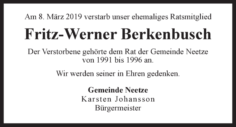  Traueranzeige für Fritz-Werner Berkenbusch vom 16.03.2019 aus LZ