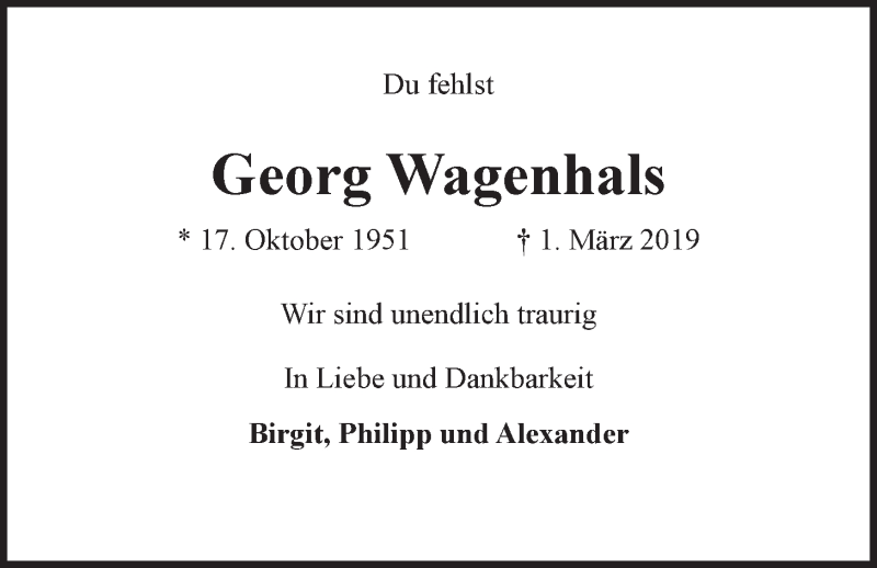  Traueranzeige für Georg Wagenhals vom 08.03.2019 aus LZ