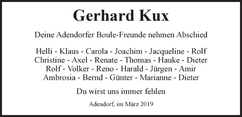  Traueranzeige für Gerhard Kux vom 16.03.2019 aus LZ