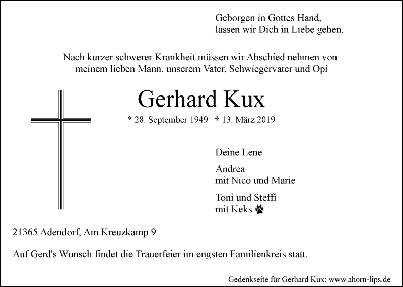  Traueranzeige für Gerhard Kux vom 16.03.2019 aus LZ