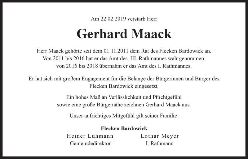  Traueranzeige für Gerhard Maack vom 01.03.2019 aus LZ