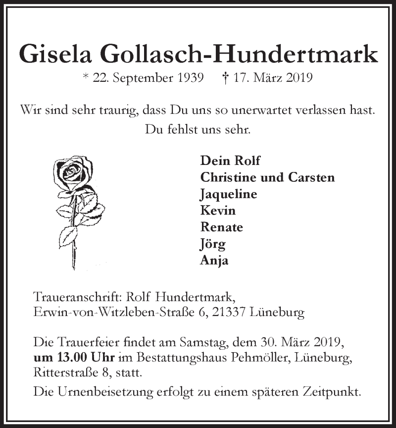 Traueranzeige für Gisela Gollasch-Hundertmark vom 29.03.2019 aus LZ