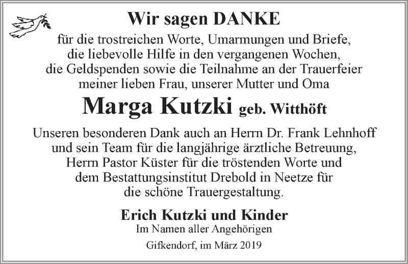  Traueranzeige für Marga Kutzki vom 09.03.2019 aus LZ