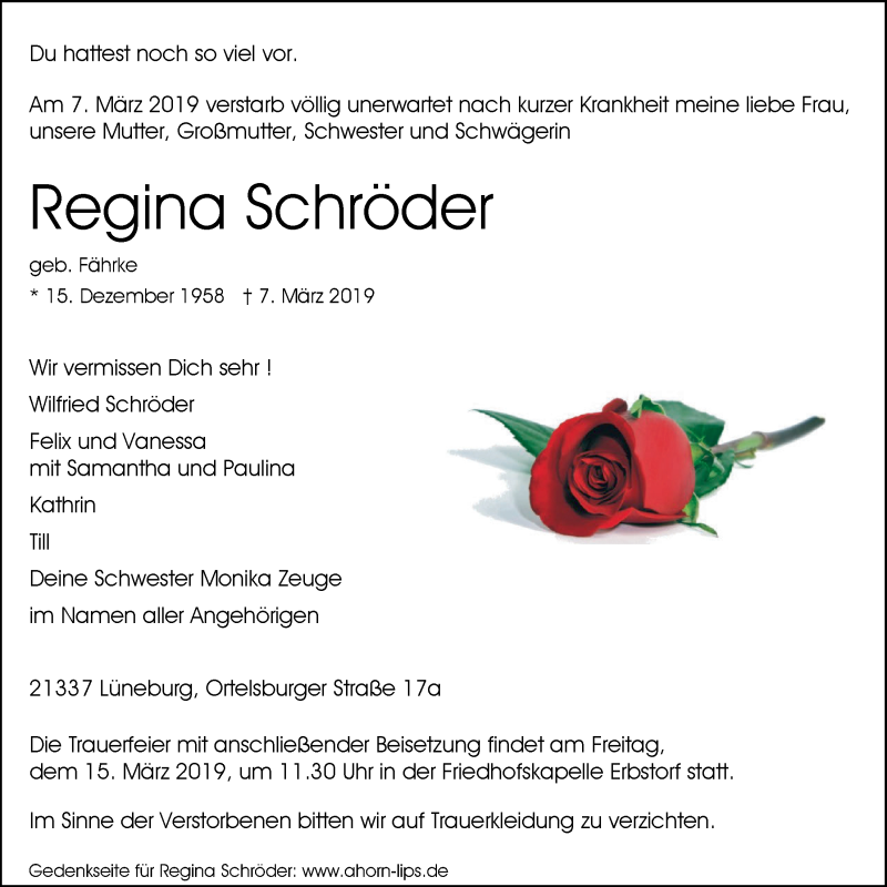  Traueranzeige für Regina Schröder vom 11.03.2019 aus LZ