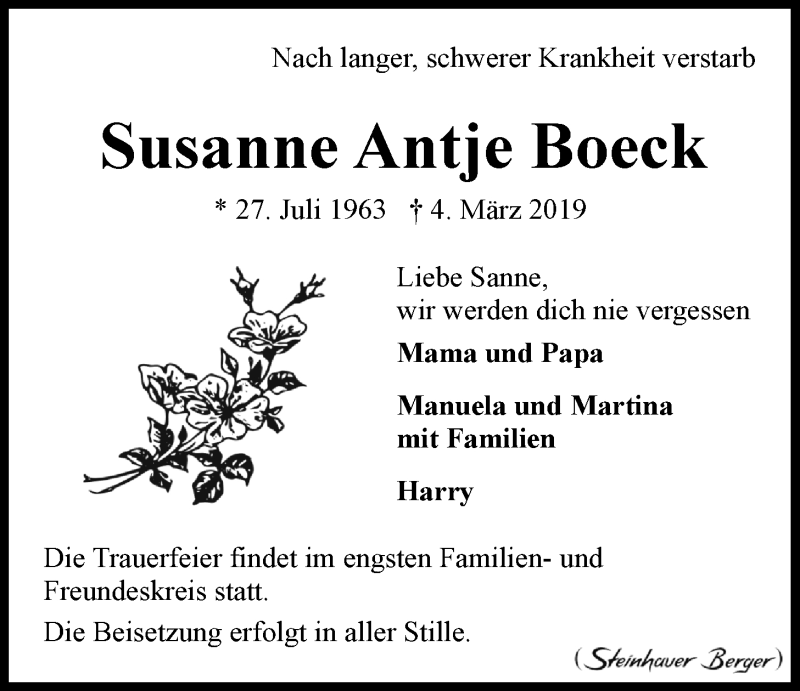  Traueranzeige für Susanne Antje Boeck vom 16.03.2019 aus LZ