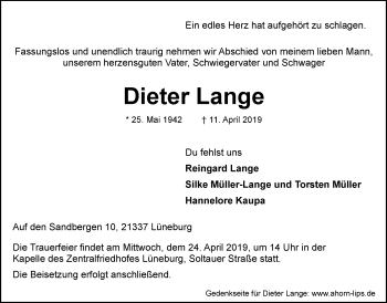 Anzeige von Dieter Lange von LZ