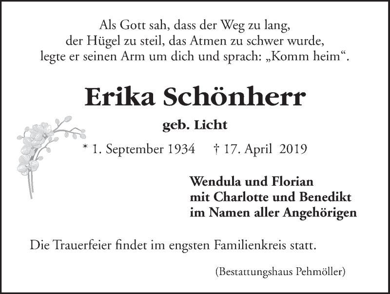  Traueranzeige für Erika Schönherr vom 27.04.2019 aus LZ