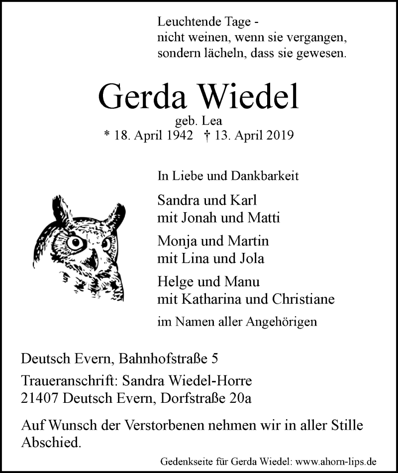  Traueranzeige für Gerda Wiedel vom 20.04.2019 aus LZ