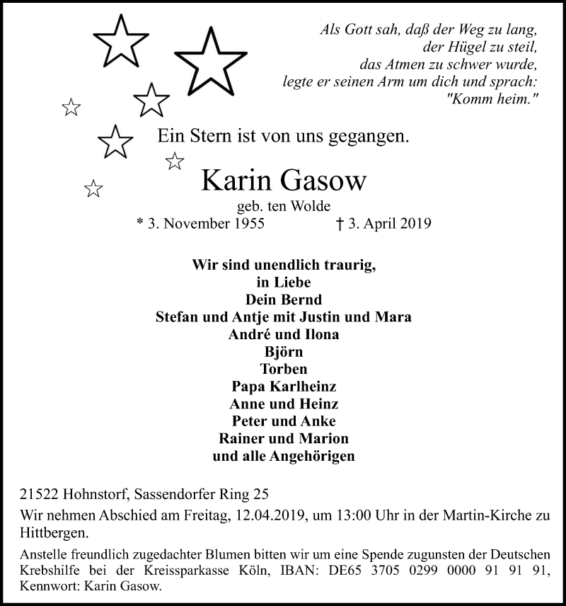  Traueranzeige für Karin Gasow vom 10.04.2019 aus LZ