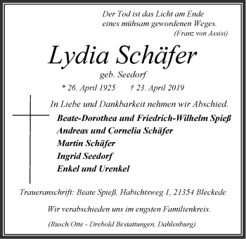 Anzeige von Lydia Schäfer von LZ