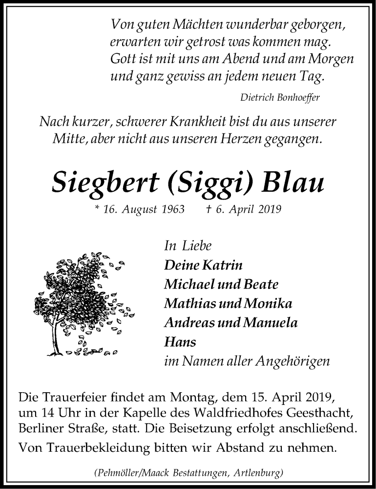  Traueranzeige für Siegbert Blau vom 12.04.2019 aus LZ