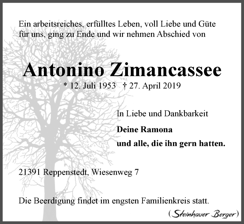  Traueranzeige für Antonio Zimancasse vom 02.05.2019 aus LZ