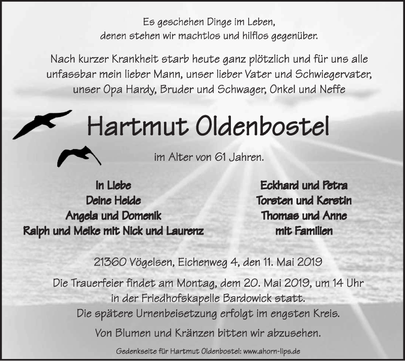  Traueranzeige für Hartmut  Oldenbostel vom 15.05.2019 aus LZ