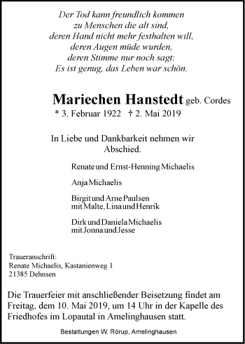 Anzeige von Mariechen Hanstedt von LZ
