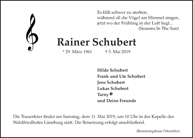  Traueranzeige für Rainer Schubert vom 08.05.2019 aus LZ