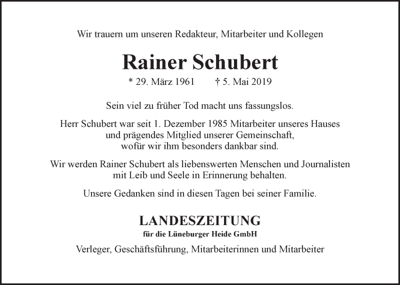  Traueranzeige für Rainer Schubert vom 08.05.2019 aus LZ
