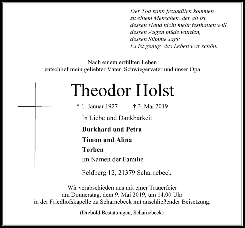  Traueranzeige für Theodor Holst vom 06.05.2019 aus LZ