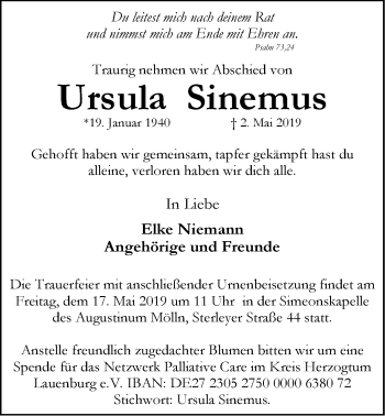Anzeige von Ursula Sinemus von LZ