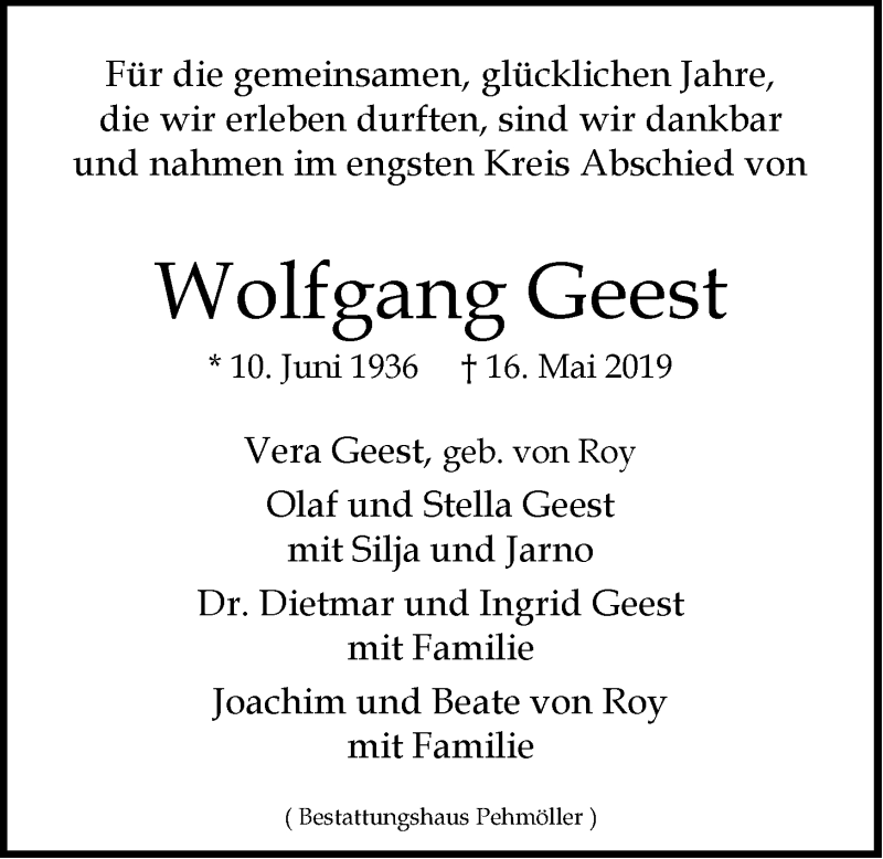  Traueranzeige für Wolfgang Geest vom 25.05.2019 aus LZ