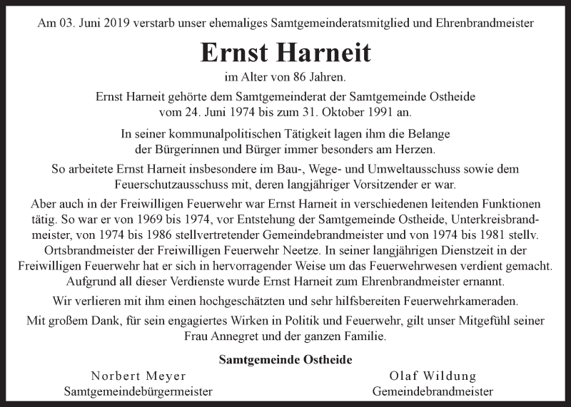  Traueranzeige für Ernst Harneit vom 08.06.2019 aus LZ