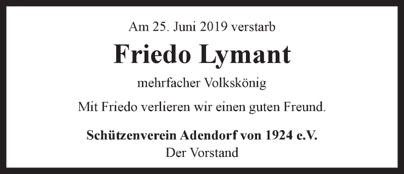  Traueranzeige für Friedo Lymant vom 29.06.2019 aus LZ