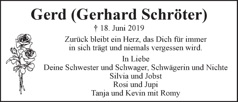  Traueranzeige für Gerhard Schröter vom 26.06.2019 aus LZ