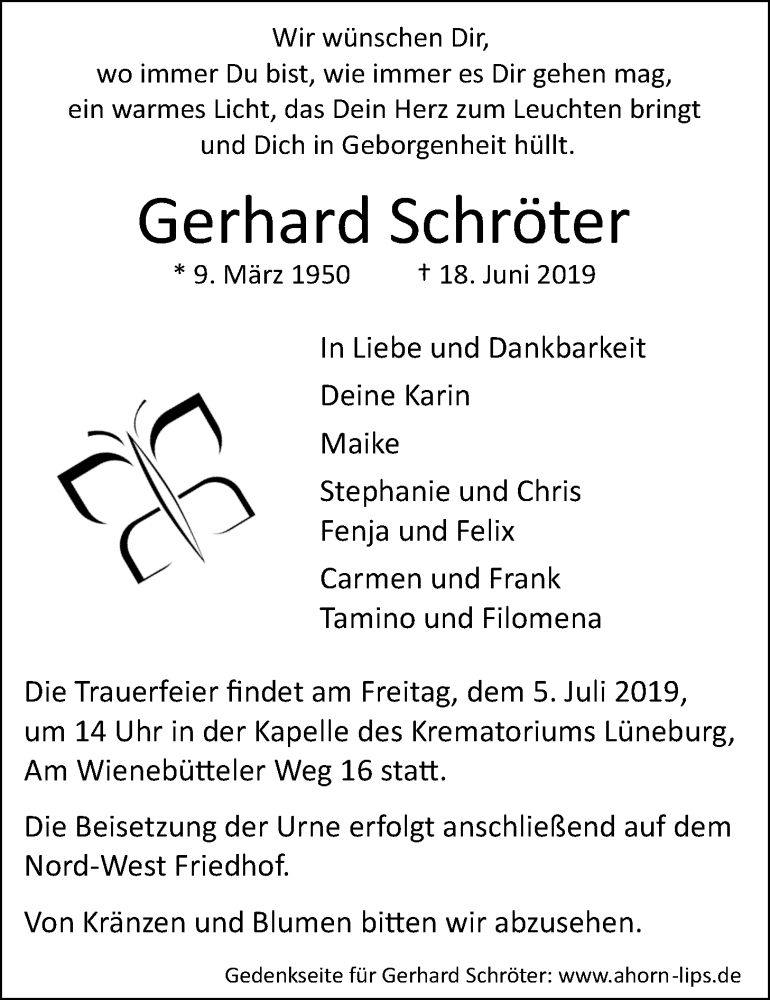  Traueranzeige für Gerhard Schröter vom 29.06.2019 aus LZ