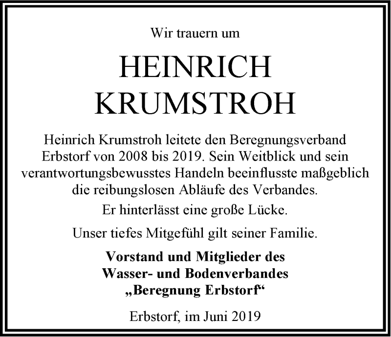  Traueranzeige für Heinrich Krumstroh vom 29.06.2019 aus LZ